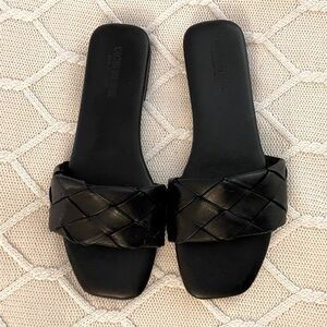 Black Woven Slide Sandals with Flat Sole